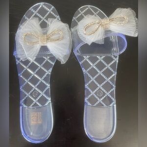 Clear Sandals with White Bow and Rhinestone Accents